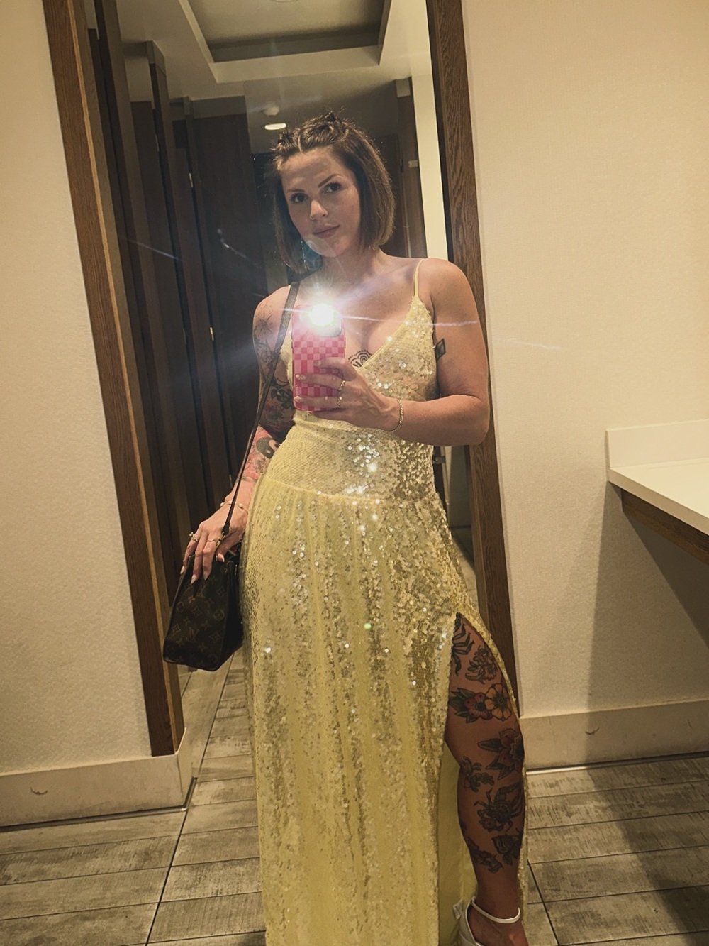 Show Me Your MuMu Yellow Sequin Slip Gown with Side Slit